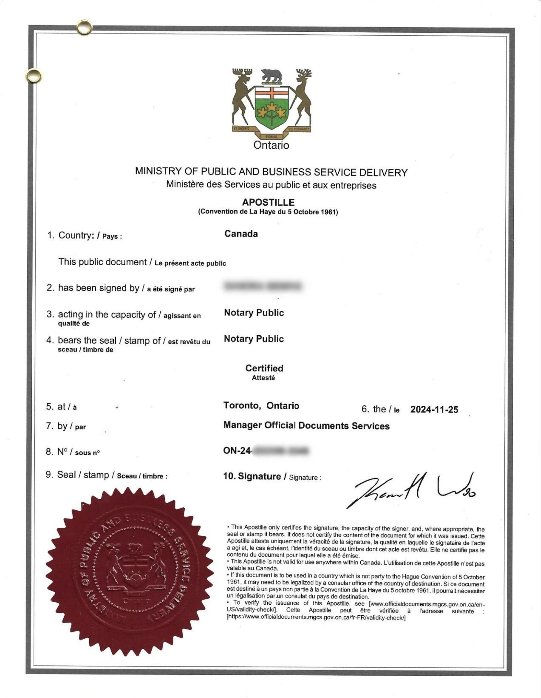 The scanned Ontario apostille, written in English and French